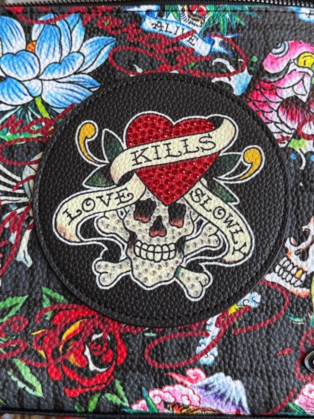 NWT Ed Hardy Black Multicolor Tattoo Skull Zip Pouch